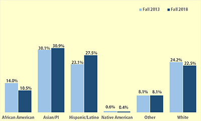 A graph showing the ethnic breakdown of students in 2013 and 2018: in 2013, 14% of students identified as African American, and in 2018, 10.5% of students identified as African American; in 2013, 30.1% of students identified as Asian/Pacific Islander, and in 2018, 30.9% of students identified as Asian/Pacific Islander; in 2013, 23.1% of students identified as Hispanic/Latino, and in 2018, 27.5% of students identified as Hispanic/Latino; in 2013, .6% of students identified as Native American, and in 2018, .4% of students identified as Native American; in both 2013 and 2018, 8.1% of students identified as Other; and in 2013, 24.2% of students identified as White, and in 2018, 22.5% of students identified as White.