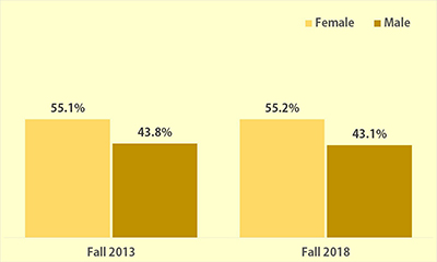 A graph showing the gender breakdown of students in 2013 and 2018. In 2013, 55.1% of students identified as female and 43.8% of students identified as male. In 2018, 55.2% of students identified as female and 43.1% of students identified as male.