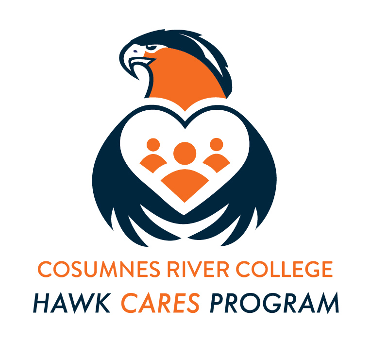 A logo depicting a hawk with its wings around a heart and the words Cosumnes River College Hawk Cares Program