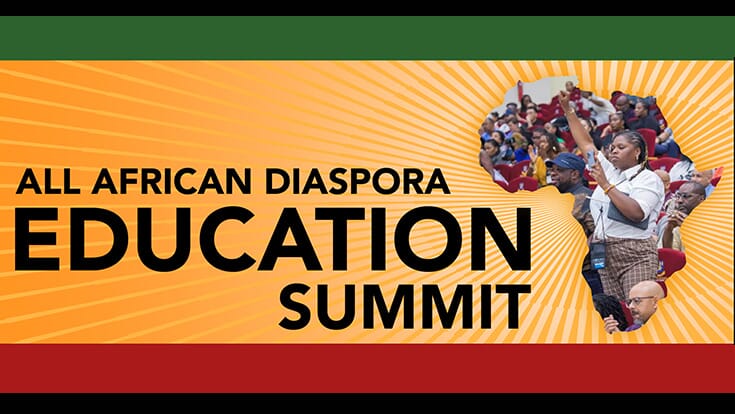 All-African Diaspora Education Summit; a starburst background with a photo of a attendee standing with arm raised; photo is in the shape of the African continent