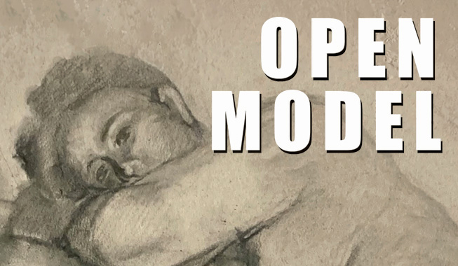 A black and white sketch of a person with the words Open Model
