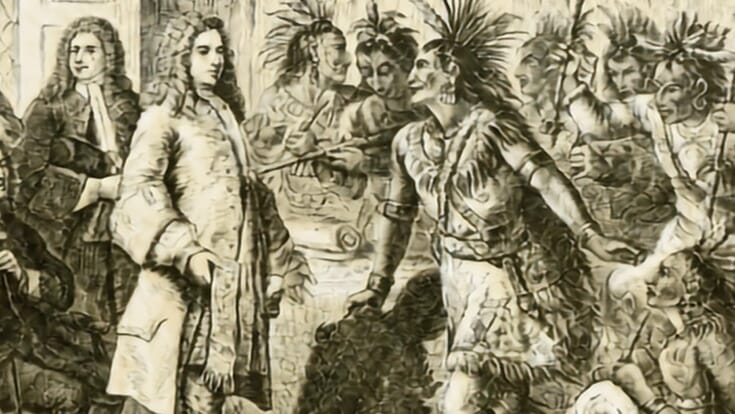 A sepia toned, vintage drawing of European men in 1700s clothing gathering with Native American men in traditional outfits