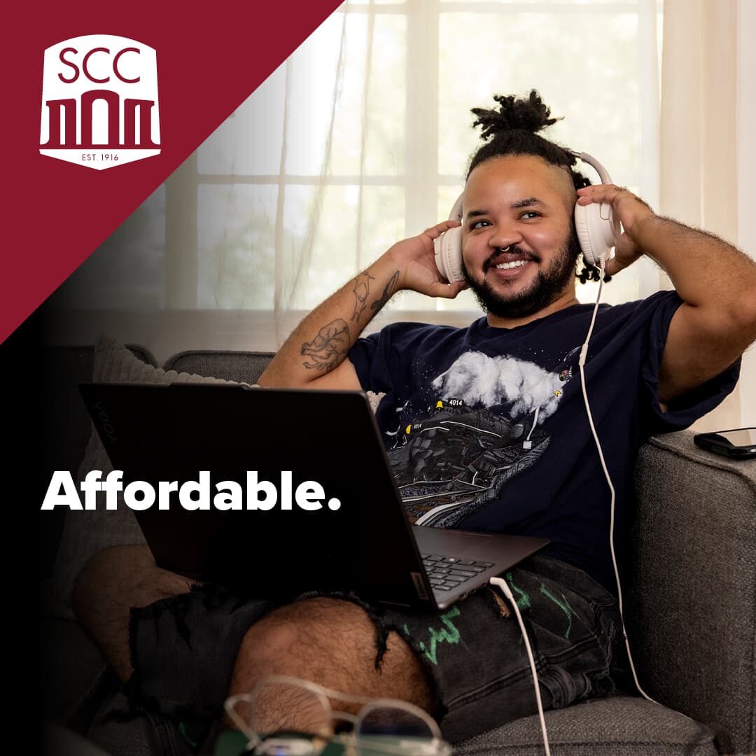 Text that reads Affordable alongside Sacramento City College logo and photo of a smiling young man sitting on a couch with a laptop and large headphones