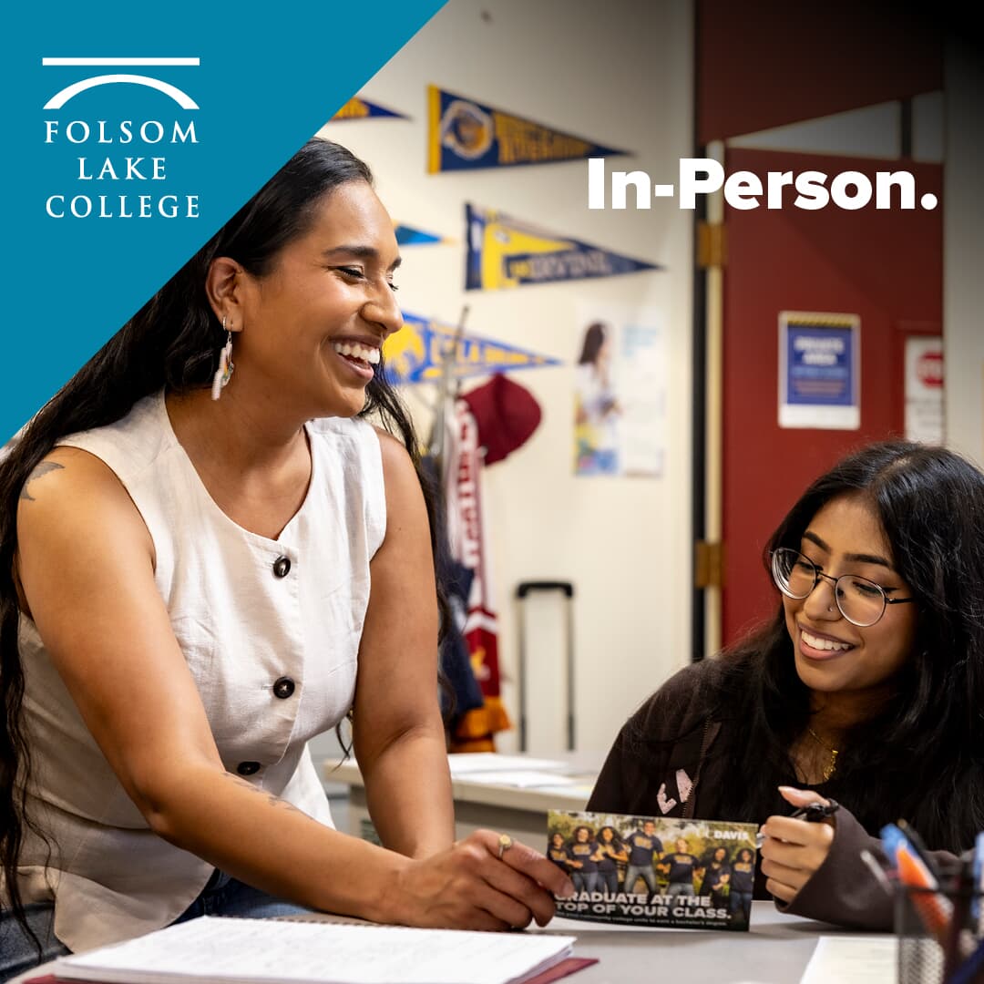 Text that reads In-Person alongside Folsom Lake College logo and photo of two smiling young women in a classroom