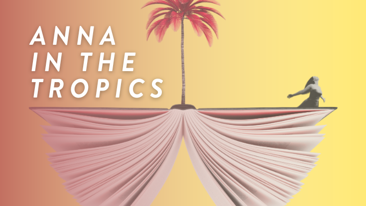 Anna in the Tropics, a floating book holding a woman with her arms outstretched, and a palm tree