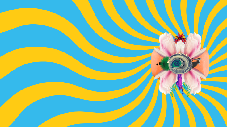 A blue and yellow swirl with a collage of images on the right hand side.