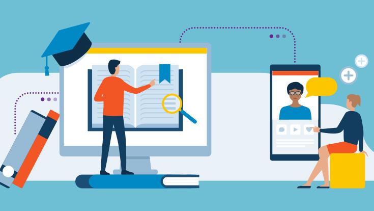 illustration of people with educational websites on desktop and mobile
